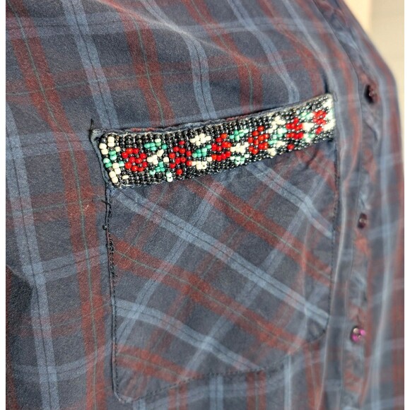 Zara Blue Plaid Blouse Size M Oversized Embellished Beaded Pocket Button Up Boho - Picture 6 of 10